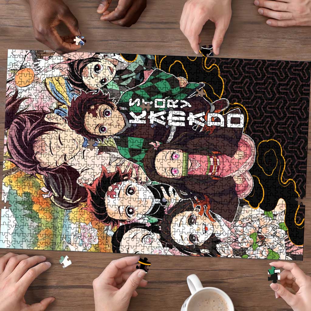 Kamado Siblings Demon Slayer Collage Design Puzzle with Tanjiro and Nezuko in Scenic Background - The Mazicc