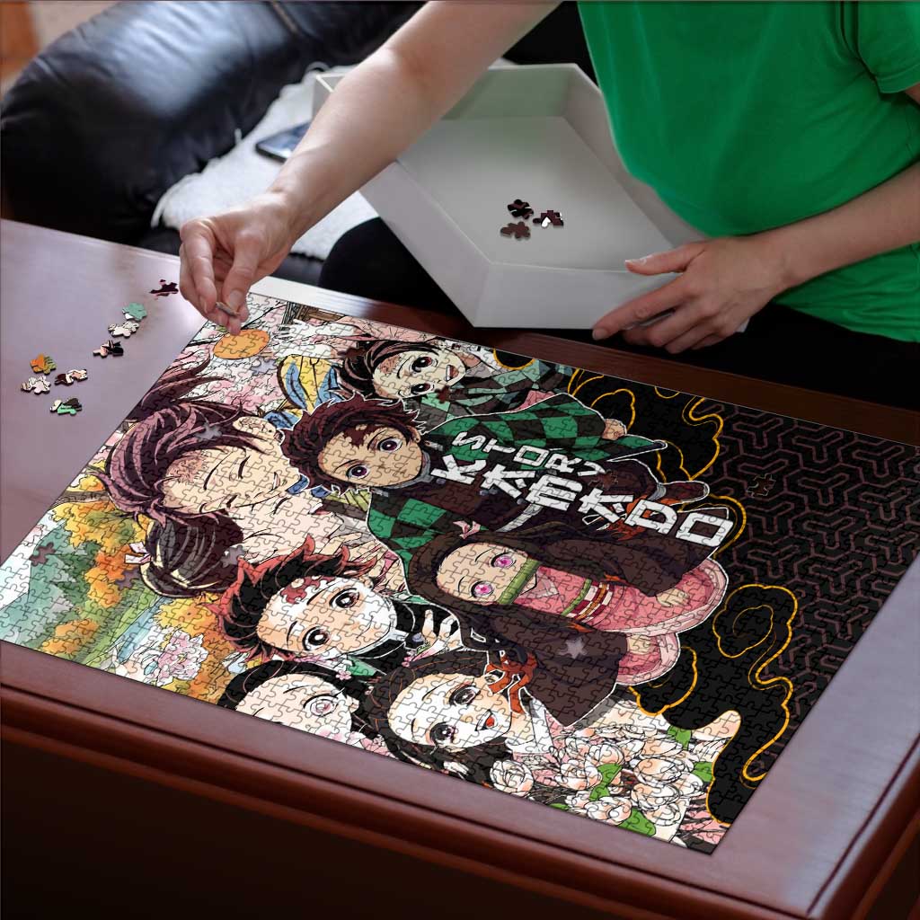 Kamado Siblings Demon Slayer Collage Design Puzzle with Tanjiro and Nezuko in Scenic Background - The Mazicc