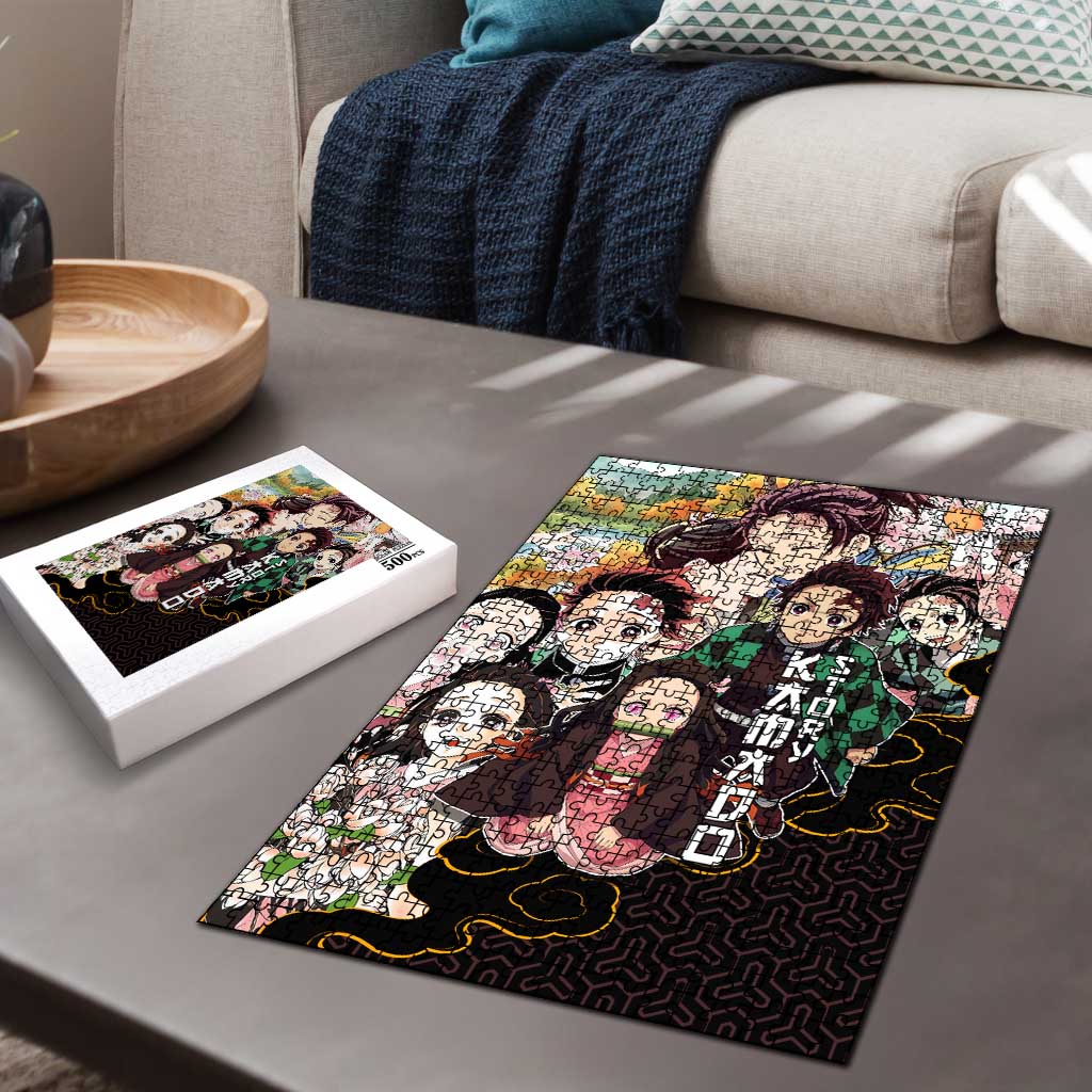 Kamado Siblings Demon Slayer Collage Design Puzzle with Tanjiro and Nezuko in Scenic Background - The Mazicc