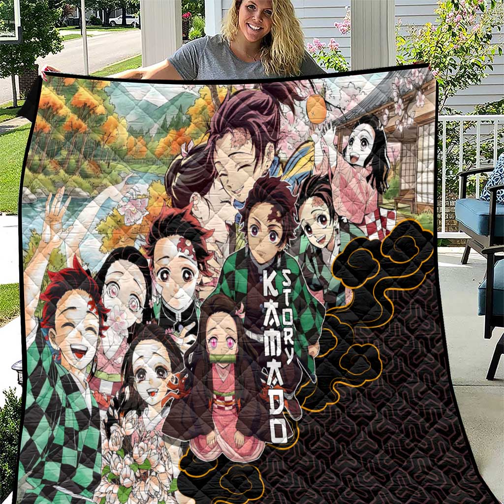 Kamado Siblings Demon Slayer Collage Design Quilt with Tanjiro and Nezuko in Scenic Background - The Mazicc