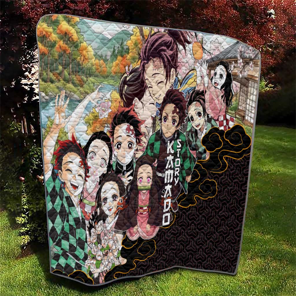 Kamado Siblings Demon Slayer Collage Design Quilt with Tanjiro and Nezuko in Scenic Background - The Mazicc