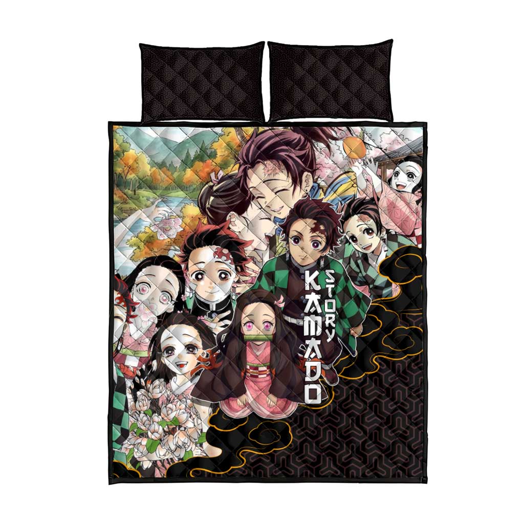 Kamado Siblings Demon Slayer Collage Design Quilt Bed Set with Tanjiro and Nezuko in Scenic Background - The Mazicc