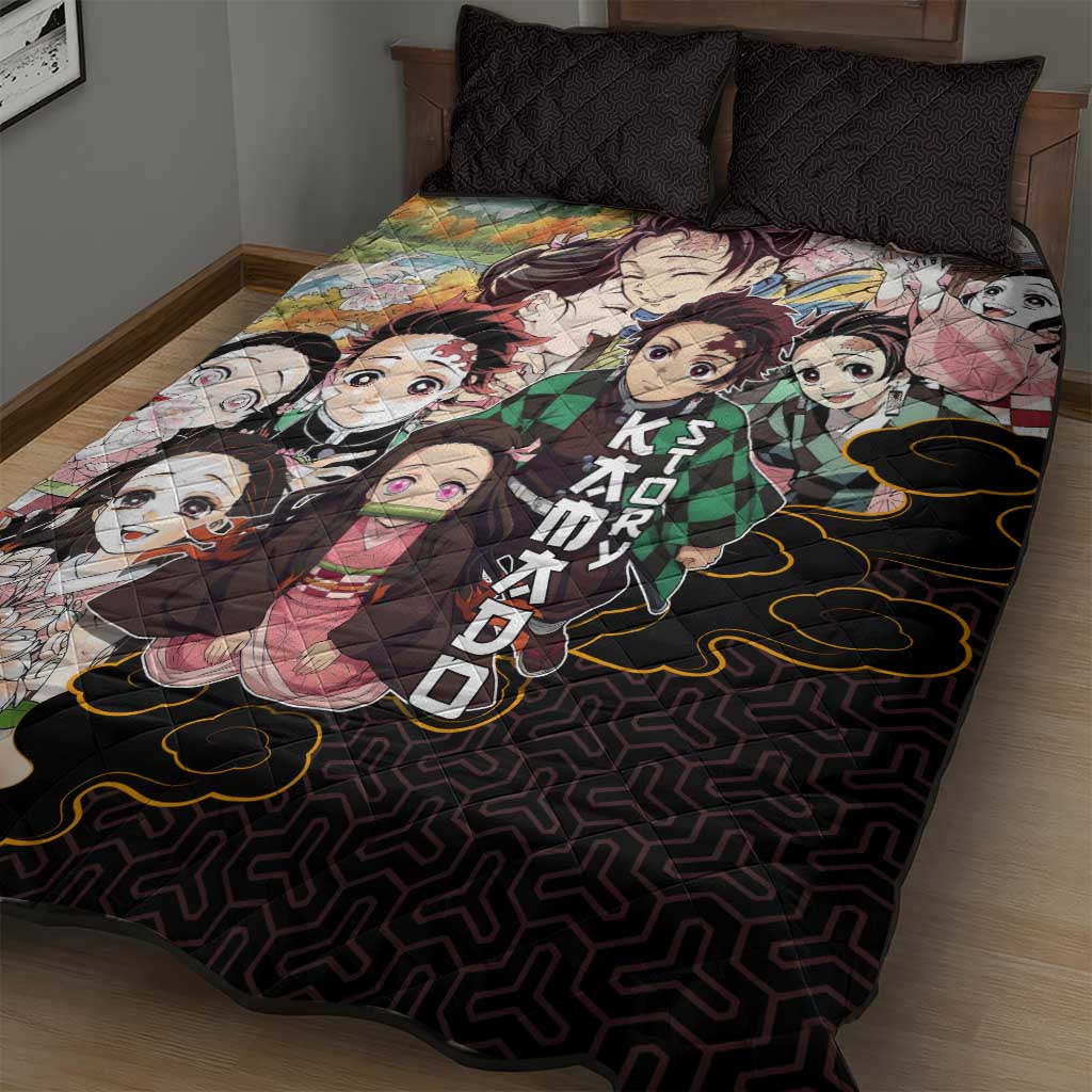 Kamado Siblings Demon Slayer Collage Design Quilt Bed Set with Tanjiro and Nezuko in Scenic Background - The Mazicc