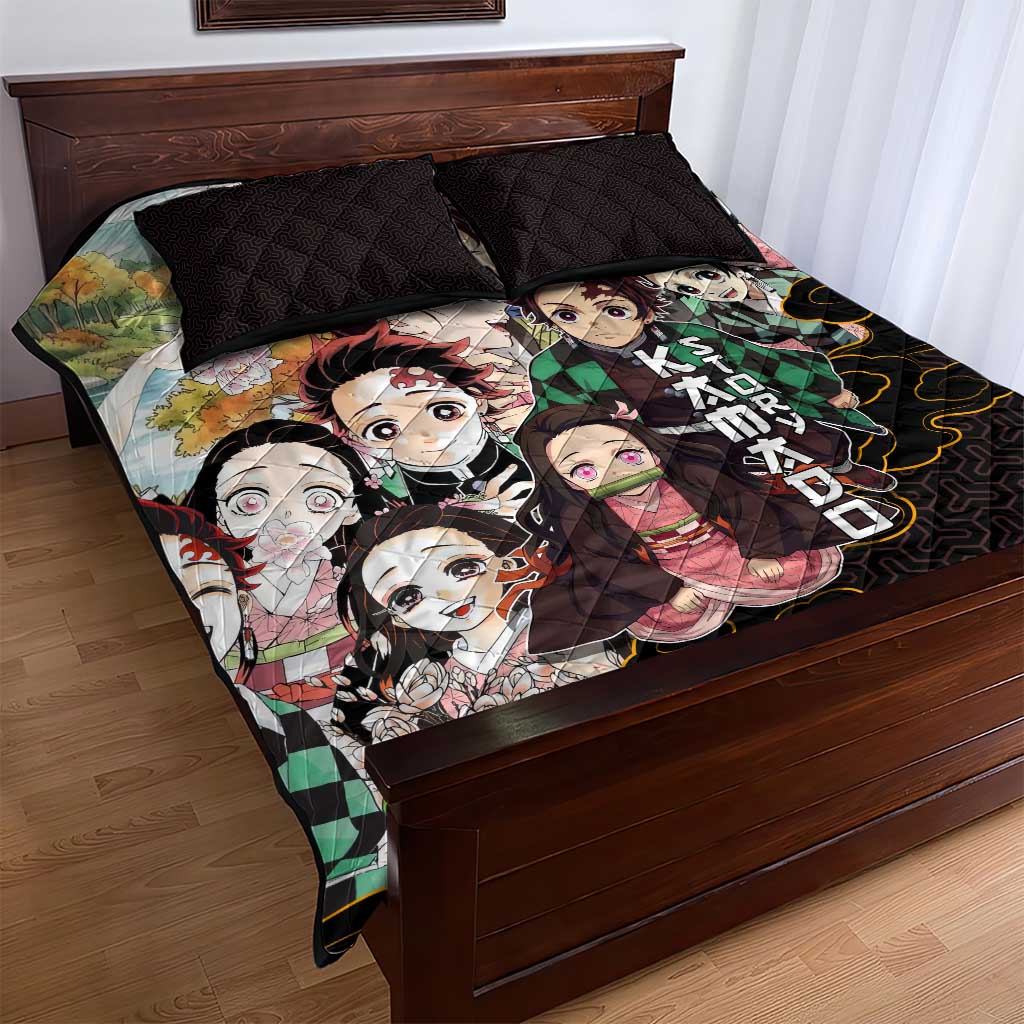 Kamado Siblings Demon Slayer Collage Design Quilt Bed Set with Tanjiro and Nezuko in Scenic Background - The Mazicc