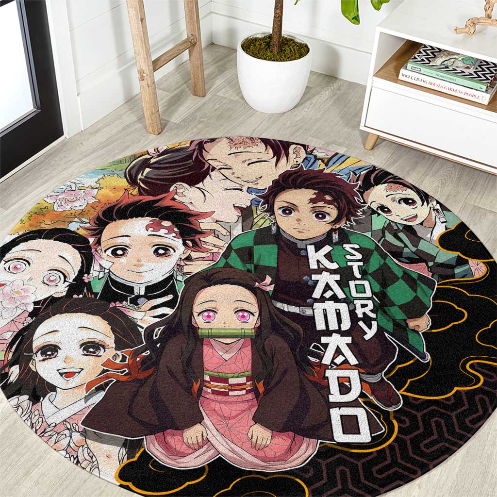 Kamado Siblings Demon Slayer Collage Design Round Carpet with Tanjiro and Nezuko in Scenic Background - The Mazicc