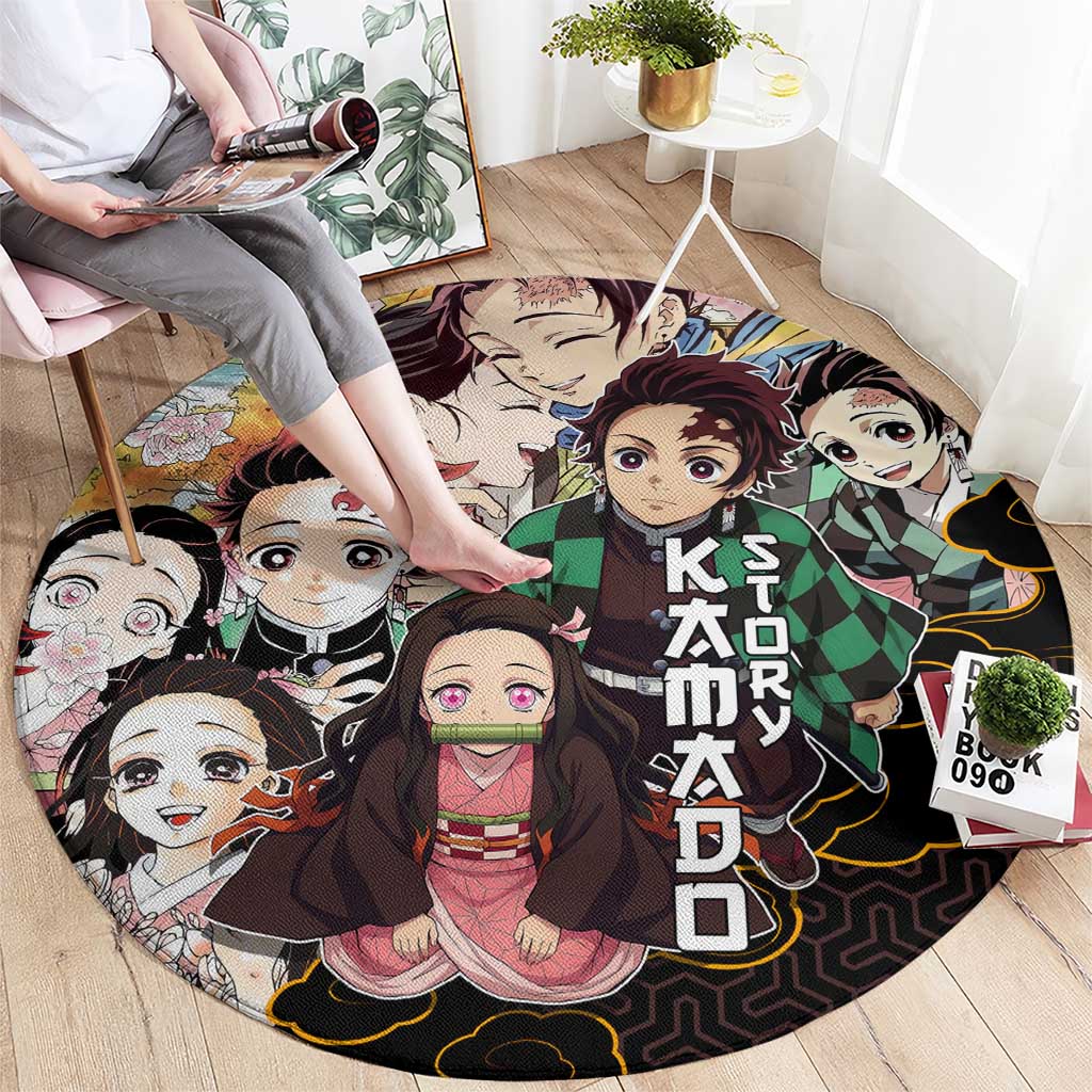 Kamado Siblings Demon Slayer Collage Design Round Carpet with Tanjiro and Nezuko in Scenic Background - The Mazicc