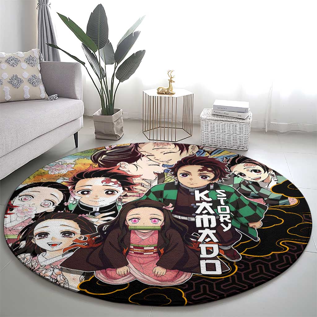 Kamado Siblings Demon Slayer Collage Design Round Carpet with Tanjiro and Nezuko in Scenic Background - The Mazicc
