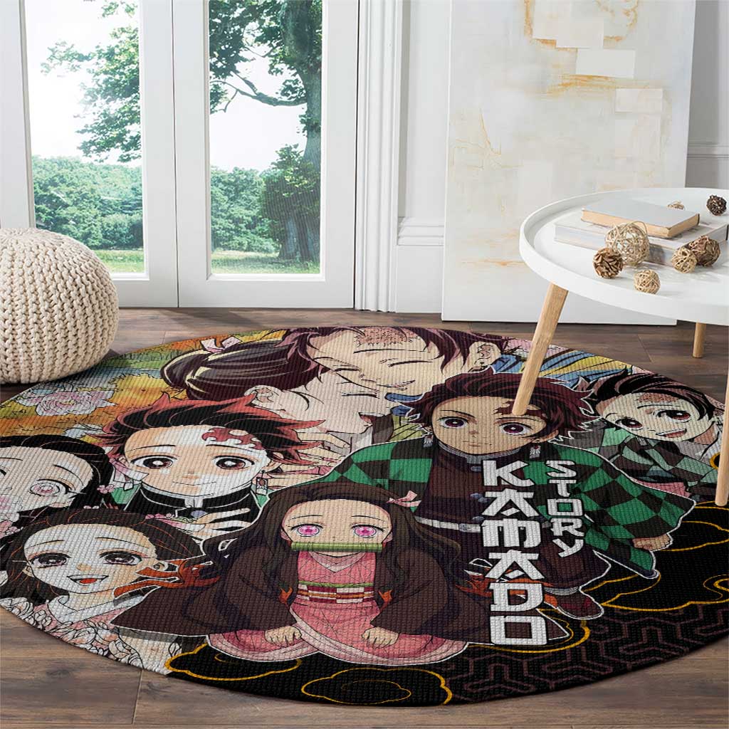 Kamado Siblings Demon Slayer Collage Design Round Carpet with Tanjiro and Nezuko in Scenic Background - The Mazicc
