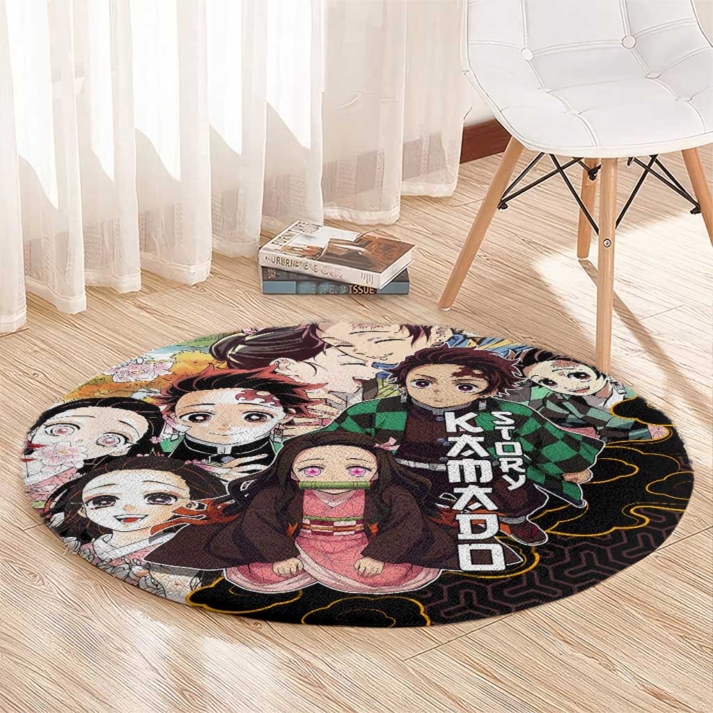 Kamado Siblings Demon Slayer Collage Design Round Carpet with Tanjiro and Nezuko in Scenic Background - The Mazicc