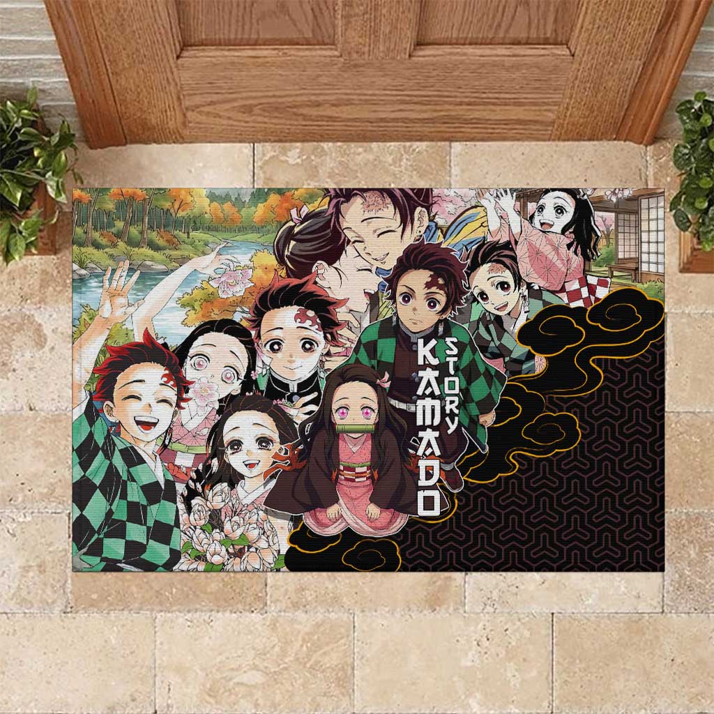 Kamado Siblings Demon Slayer Collage Design Rubber Doormat with Tanjiro and Nezuko in Scenic Background - The Mazicc