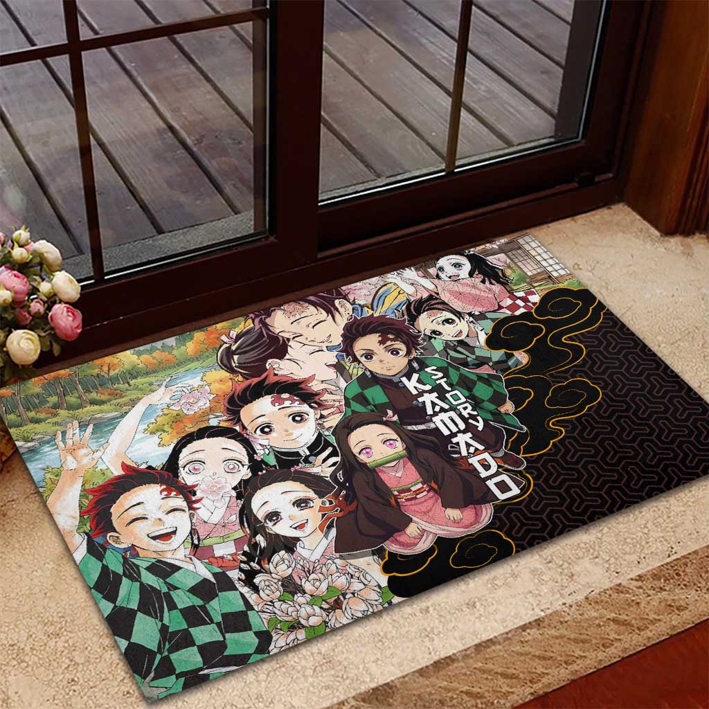Kamado Siblings Demon Slayer Collage Design Rubber Doormat with Tanjiro and Nezuko in Scenic Background - The Mazicc