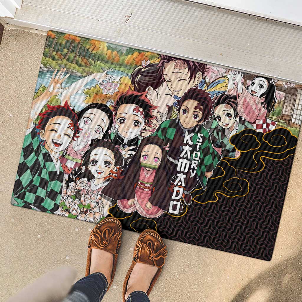Kamado Siblings Demon Slayer Collage Design Rubber Doormat with Tanjiro and Nezuko in Scenic Background - The Mazicc