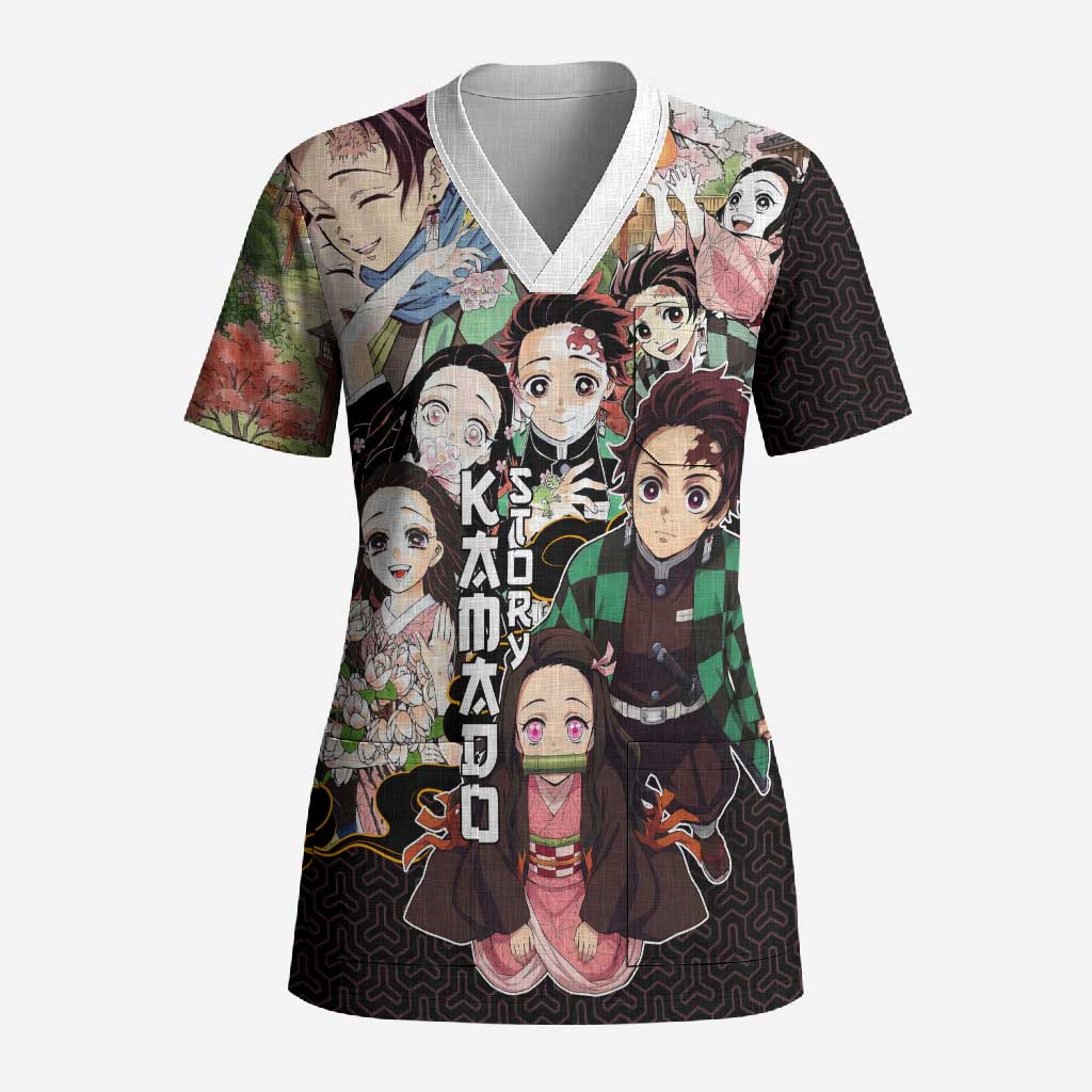 Kamado Siblings Demon Slayer Collage Design Scrub Top with Tanjiro and Nezuko in Scenic Background - The Mazicc