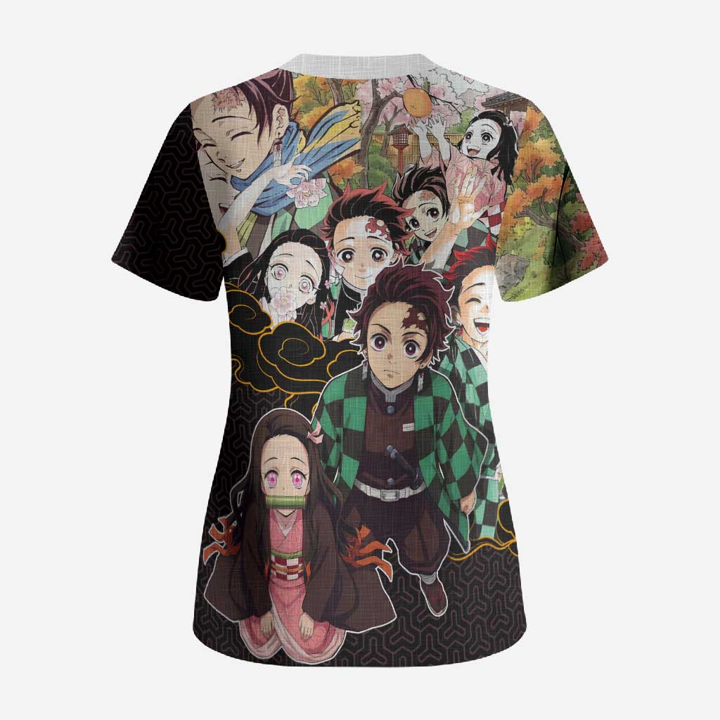 Kamado Siblings Demon Slayer Collage Design Scrub Top with Tanjiro and Nezuko in Scenic Background - The Mazicc