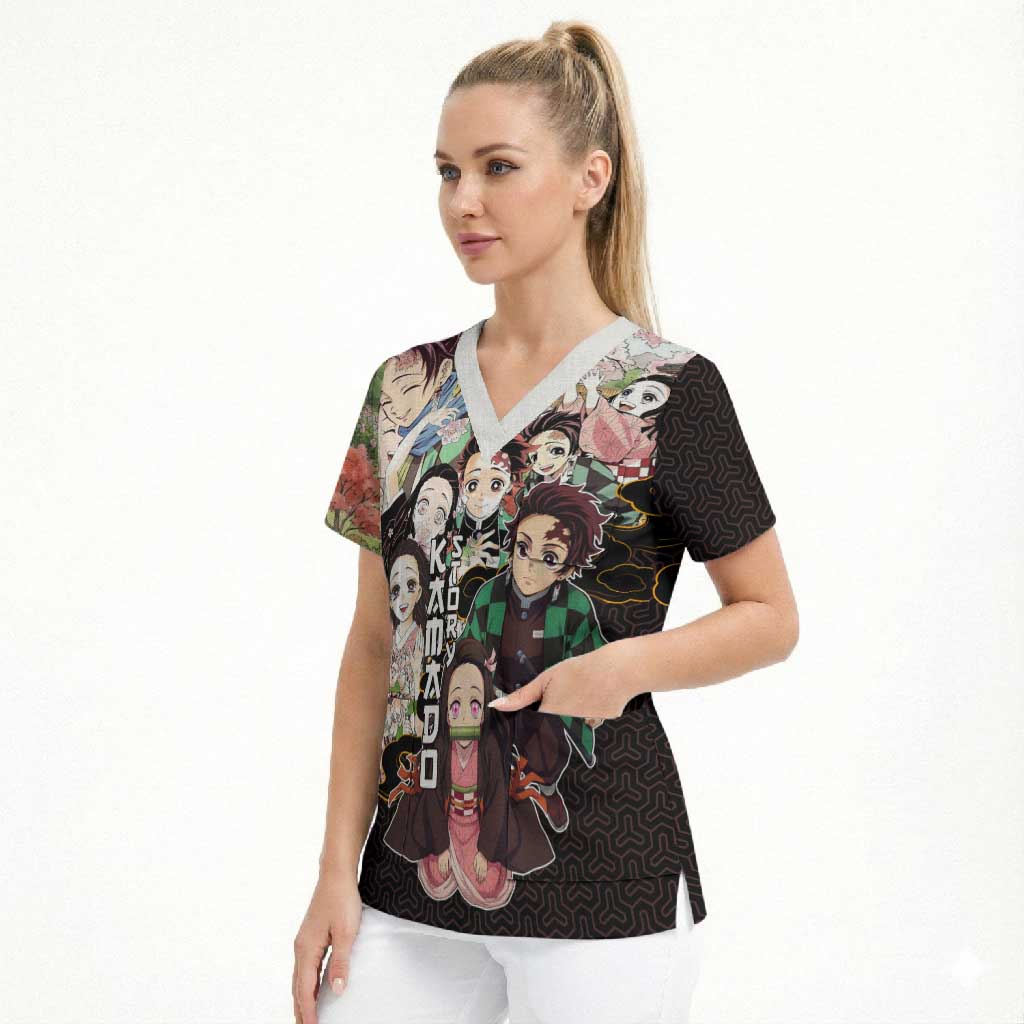 Kamado Siblings Demon Slayer Collage Design Scrub Top with Tanjiro and Nezuko in Scenic Background - The Mazicc