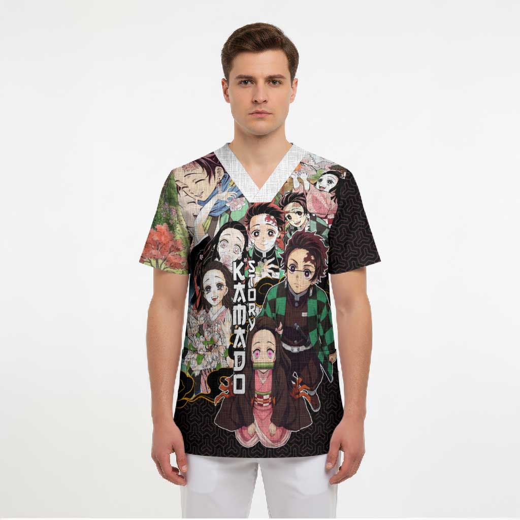 Kamado Siblings Demon Slayer Collage Design Scrub Top with Tanjiro and Nezuko in Scenic Background - The Mazicc