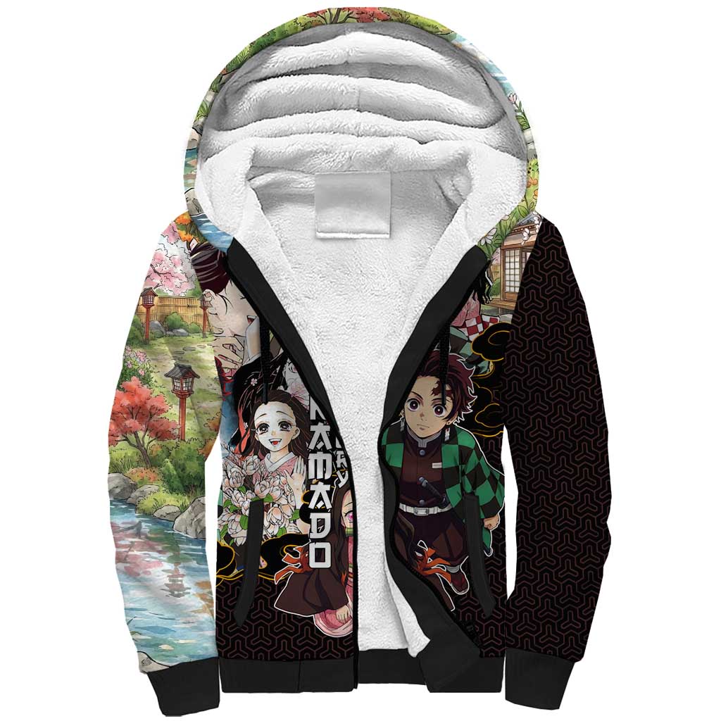 Kamado Siblings Demon Slayer Collage Design Sherpa Hoodie with Tanjiro and Nezuko in Scenic Background - The Mazicc