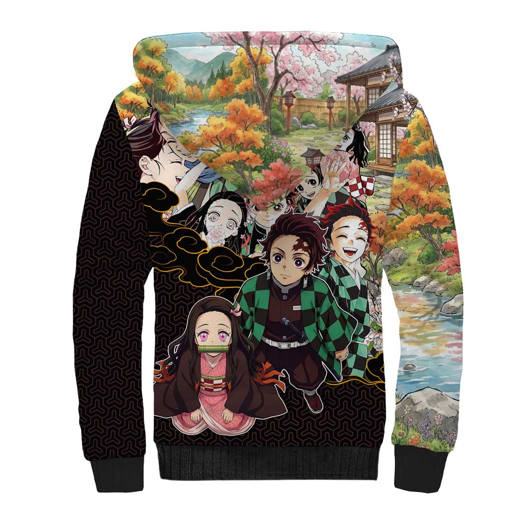 Kamado Siblings Demon Slayer Collage Design Sherpa Hoodie with Tanjiro and Nezuko in Scenic Background - The Mazicc
