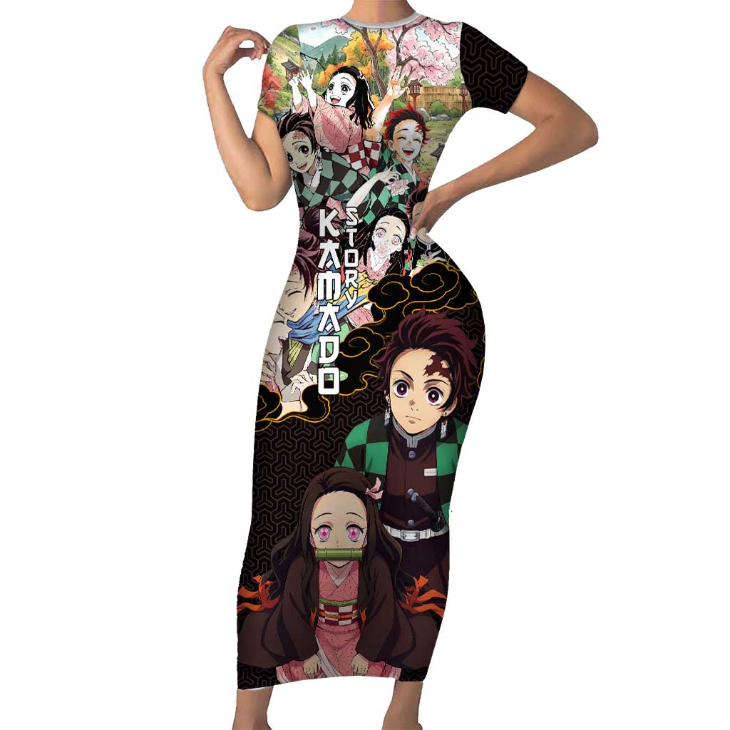 Kamado Siblings Demon Slayer Collage Design Short Sleeve Bodycon Dress with Tanjiro and Nezuko in Scenic Background - The Mazicc
