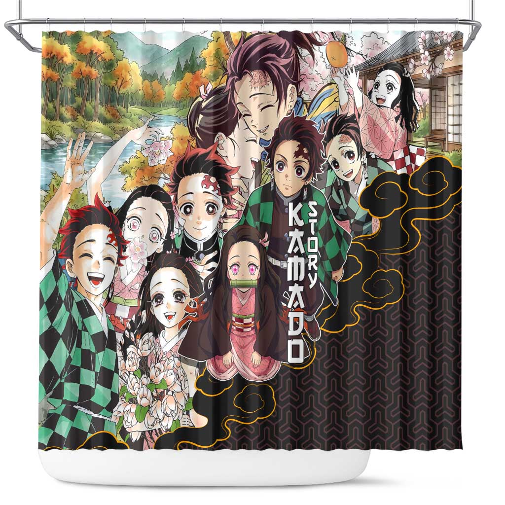Kamado Siblings Demon Slayer Collage Design Shower Curtain with Tanjiro and Nezuko in Scenic Background - The Mazicc