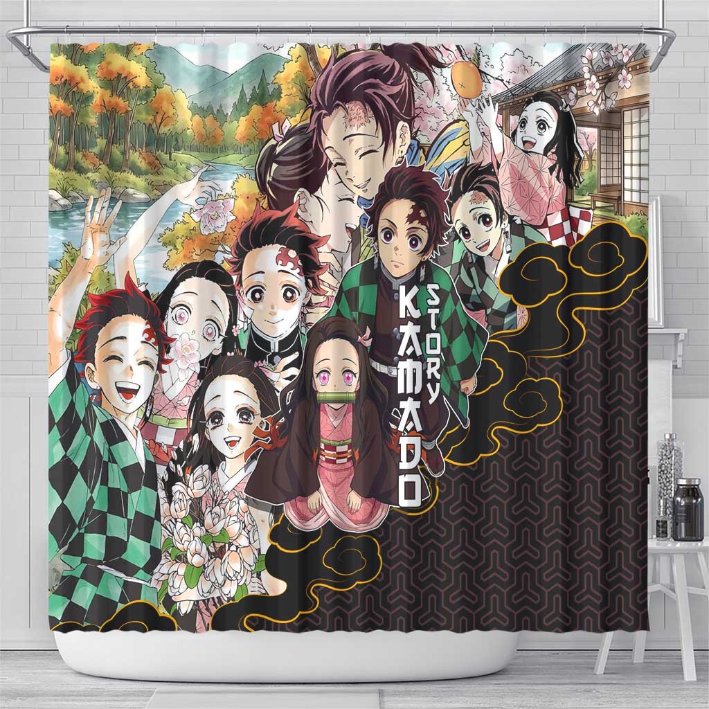 Kamado Siblings Demon Slayer Collage Design Shower Curtain with Tanjiro and Nezuko in Scenic Background - The Mazicc