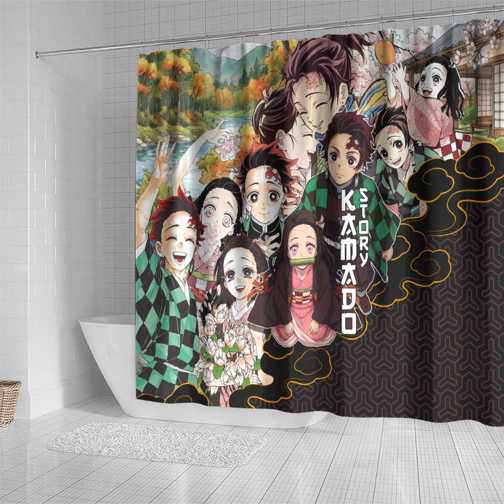 Kamado Siblings Demon Slayer Collage Design Shower Curtain with Tanjiro and Nezuko in Scenic Background - The Mazicc