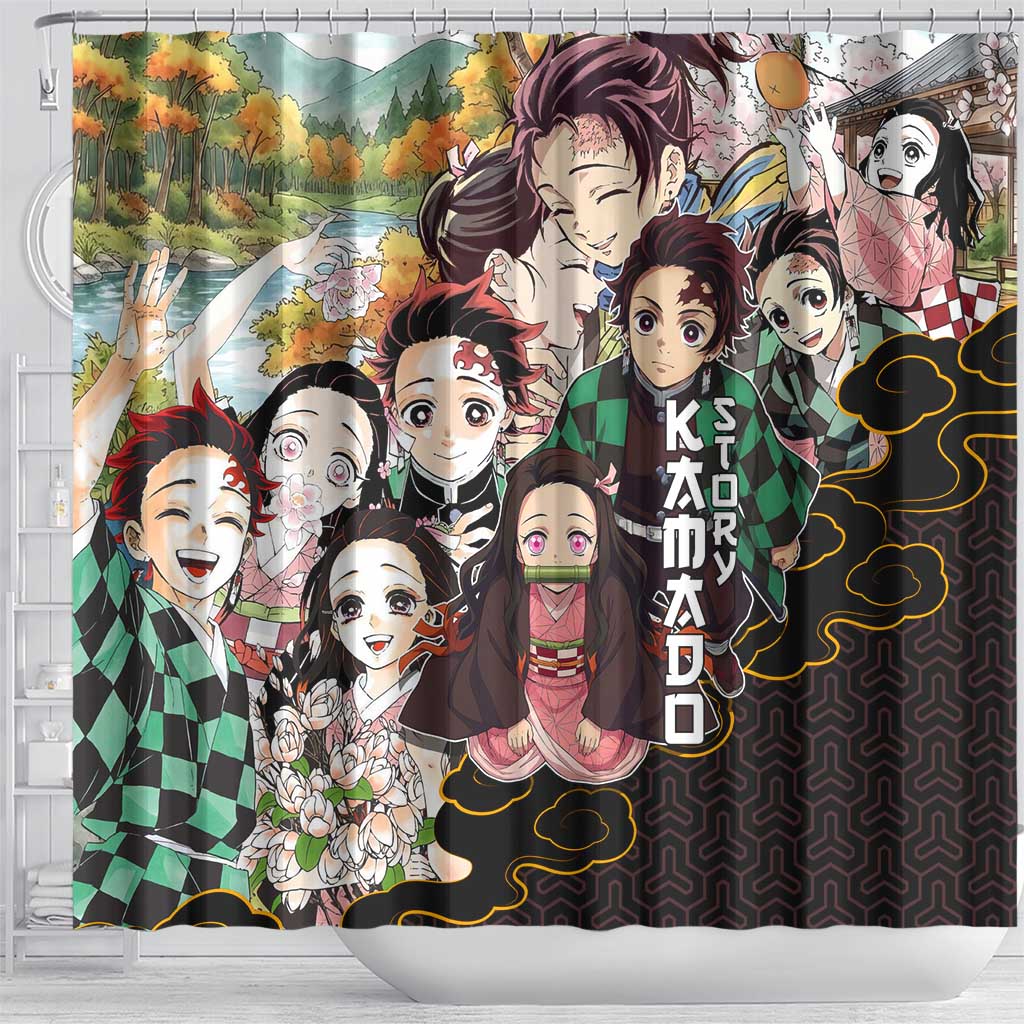 Kamado Siblings Demon Slayer Collage Design Shower Curtain with Tanjiro and Nezuko in Scenic Background - The Mazicc