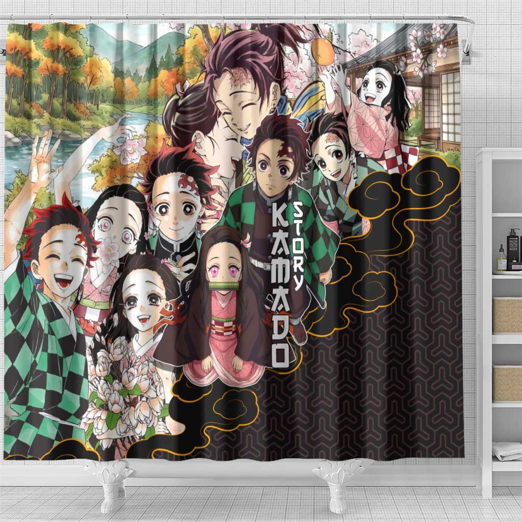 Kamado Siblings Demon Slayer Collage Design Shower Curtain with Tanjiro and Nezuko in Scenic Background - The Mazicc