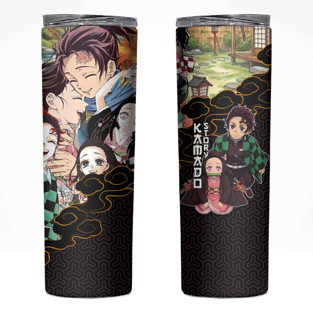 Kamado Siblings Demon Slayer Collage Design Skinny Tumbler with Tanjiro and Nezuko in Scenic Background - The Mazicc