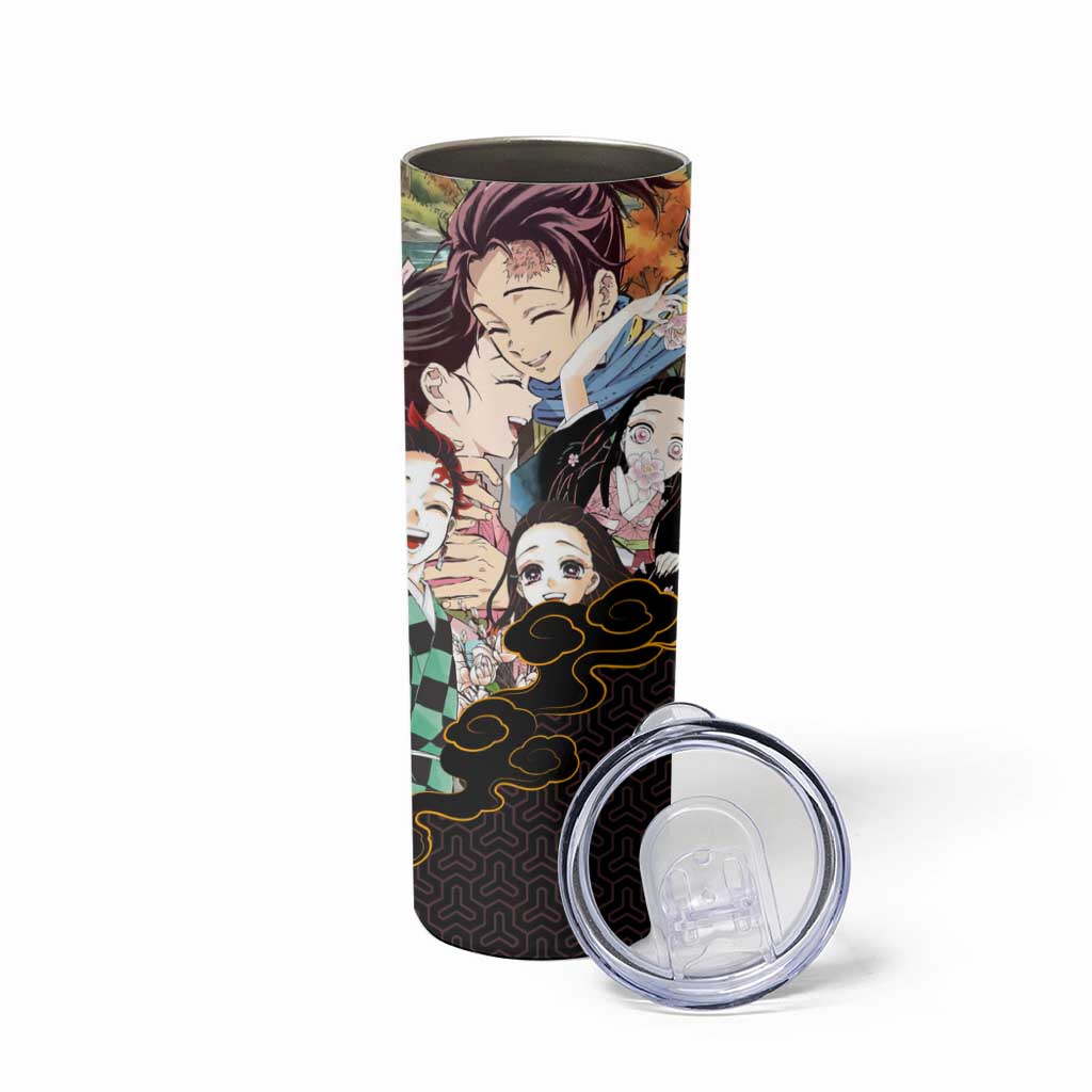 Kamado Siblings Demon Slayer Collage Design Skinny Tumbler with Tanjiro and Nezuko in Scenic Background - The Mazicc