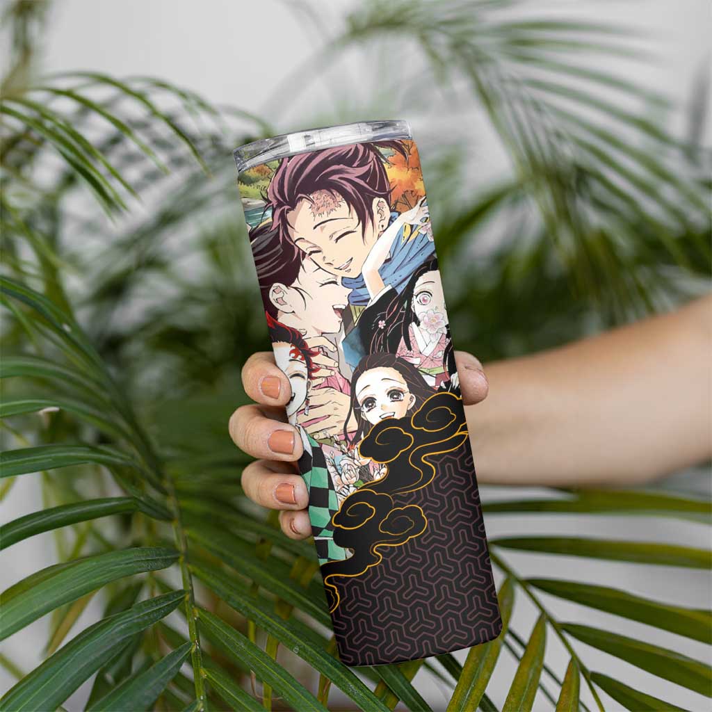 Kamado Siblings Demon Slayer Collage Design Skinny Tumbler with Tanjiro and Nezuko in Scenic Background - The Mazicc