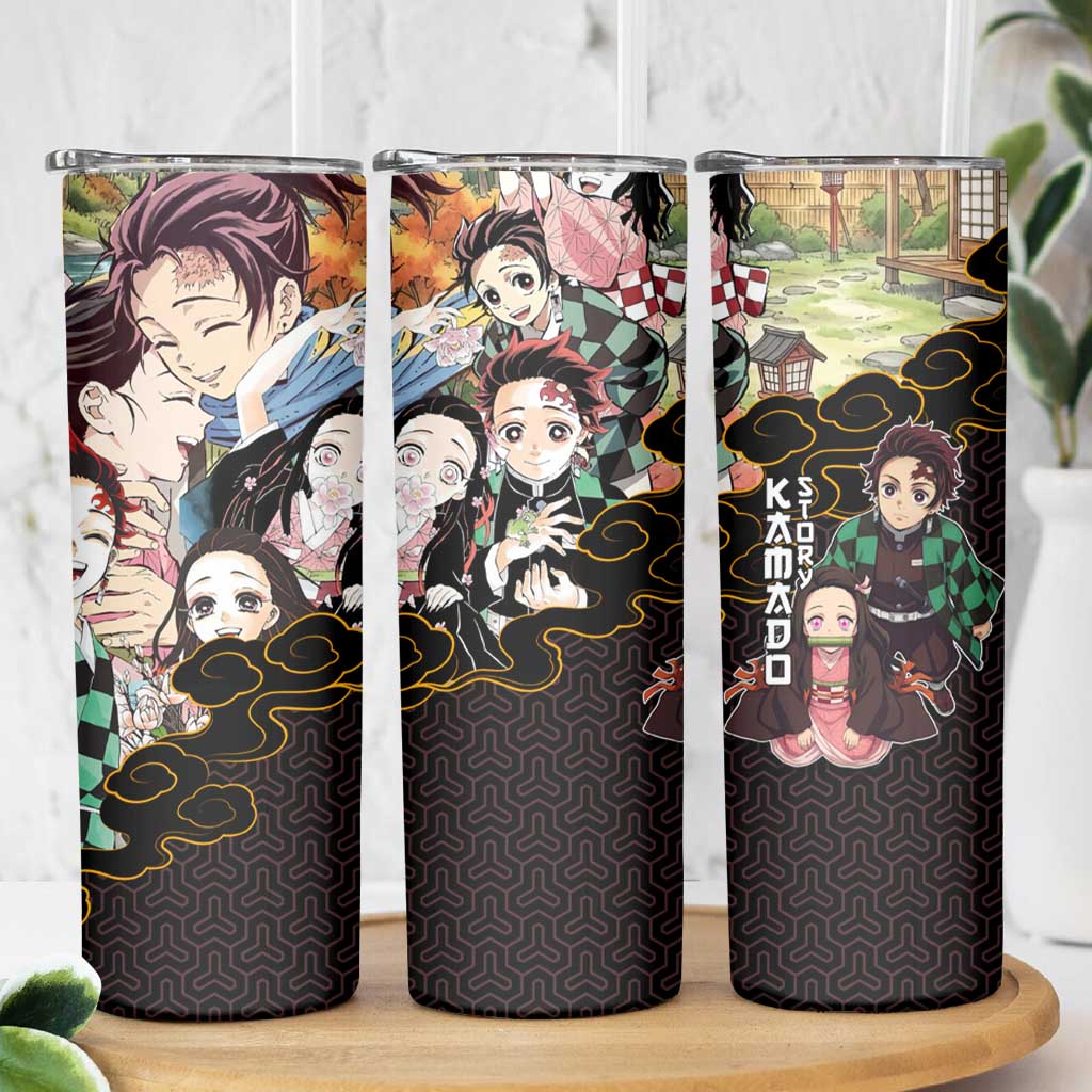 Kamado Siblings Demon Slayer Collage Design Skinny Tumbler with Tanjiro and Nezuko in Scenic Background - The Mazicc
