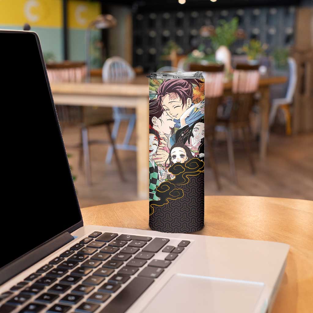 Kamado Siblings Demon Slayer Collage Design Skinny Tumbler with Tanjiro and Nezuko in Scenic Background - The Mazicc