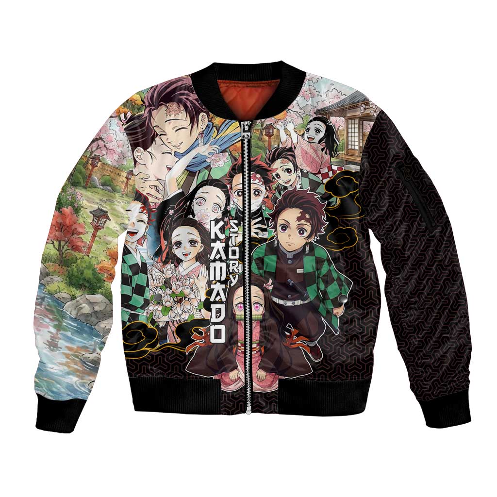 Kamado Siblings Demon Slayer Collage Design Sleeve Zip Bomber Jacket with Tanjiro and Nezuko in Scenic Background - The Mazicc