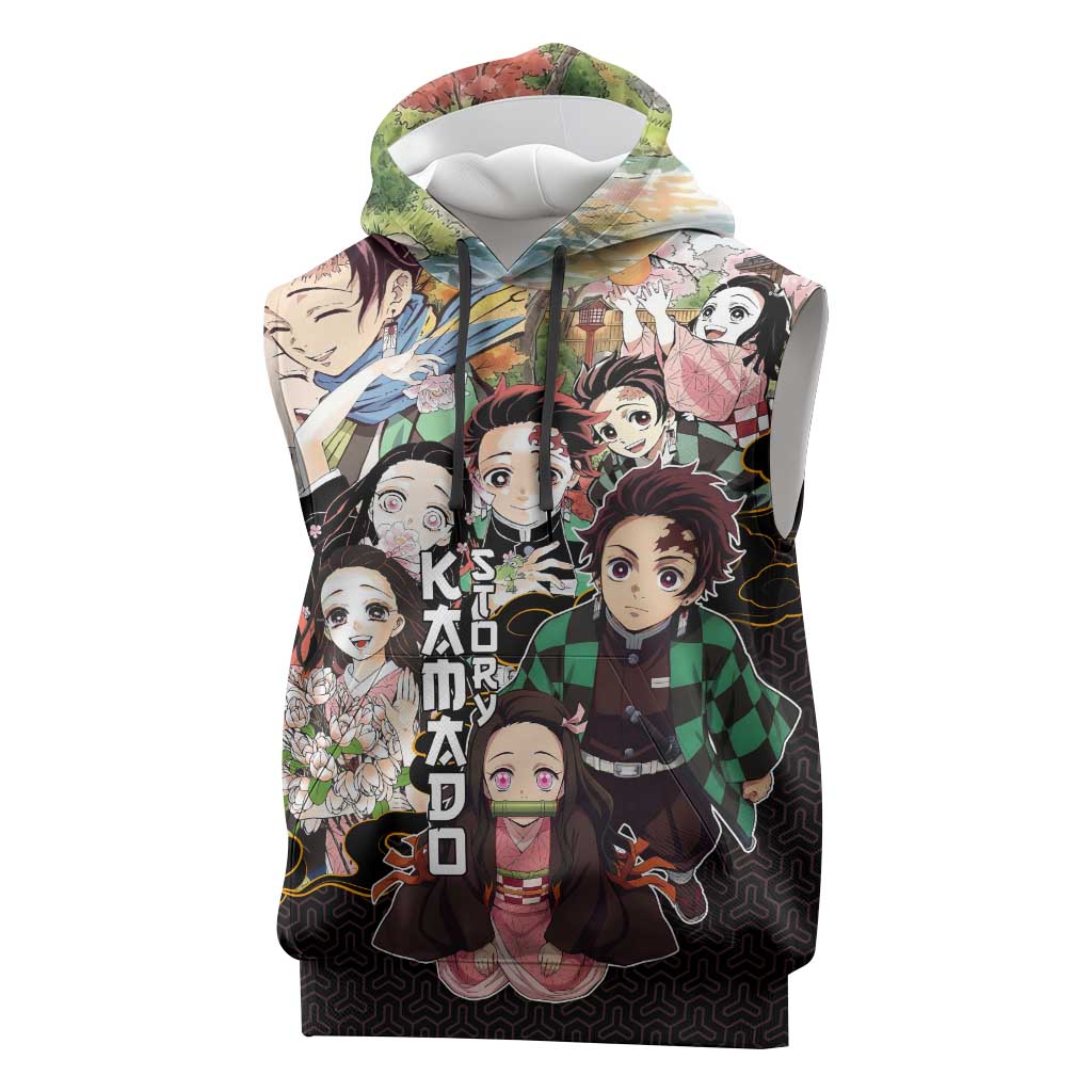 Kamado Siblings Demon Slayer Collage Design Sleeveless Hoodie with Tanjiro and Nezuko in Scenic Background - The Mazicc