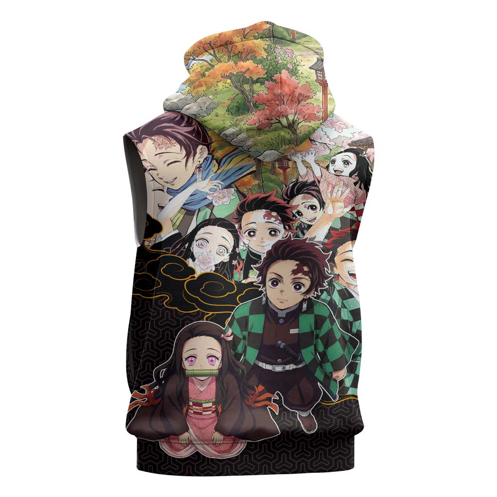 Kamado Siblings Demon Slayer Collage Design Sleeveless Hoodie with Tanjiro and Nezuko in Scenic Background - The Mazicc