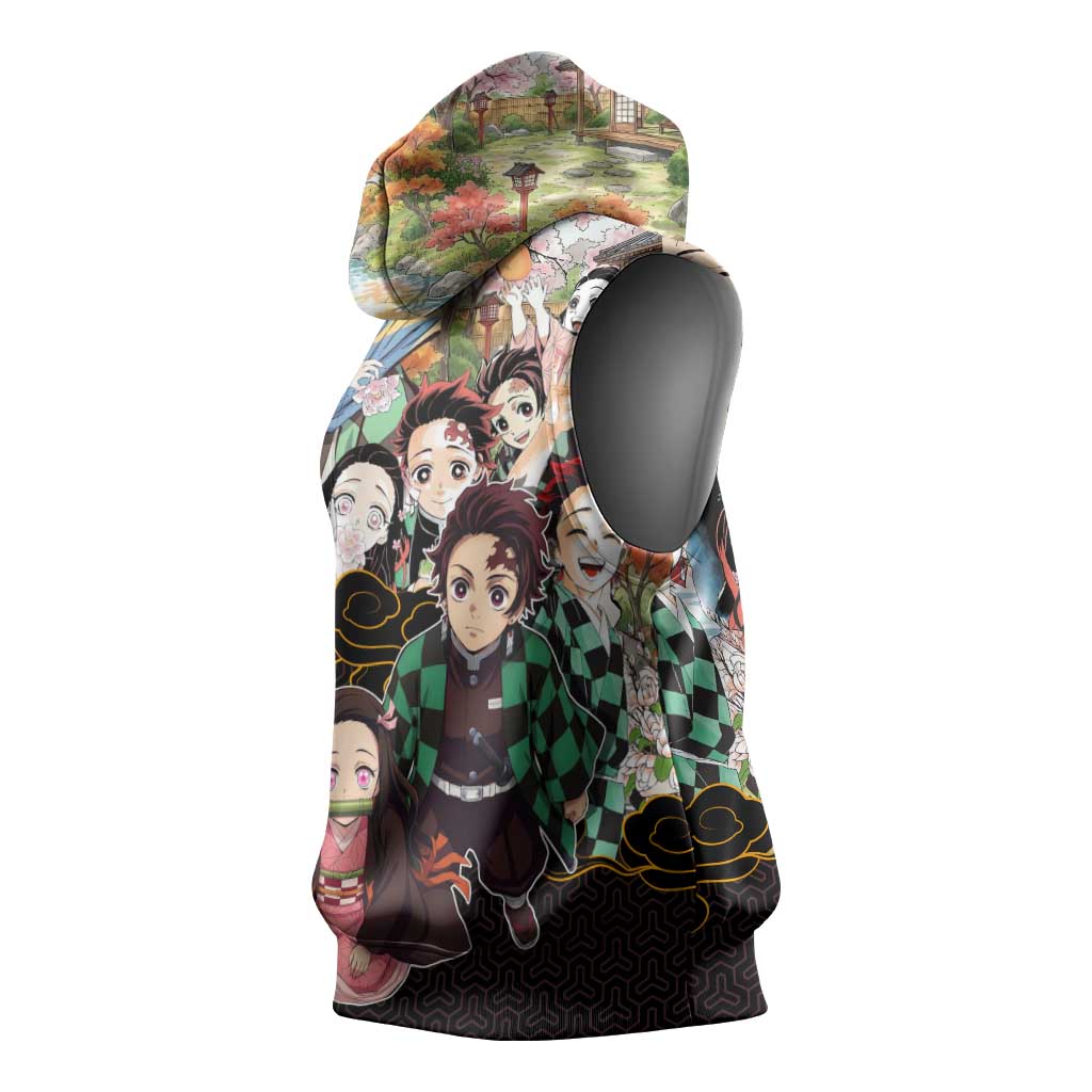 Kamado Siblings Demon Slayer Collage Design Sleeveless Hoodie with Tanjiro and Nezuko in Scenic Background - The Mazicc