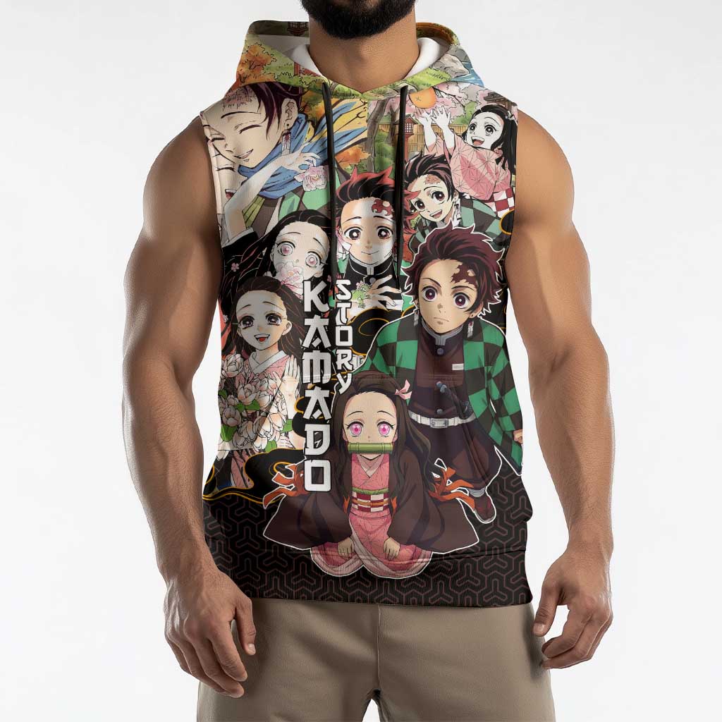 Kamado Siblings Demon Slayer Collage Design Sleeveless Hoodie with Tanjiro and Nezuko in Scenic Background - The Mazicc