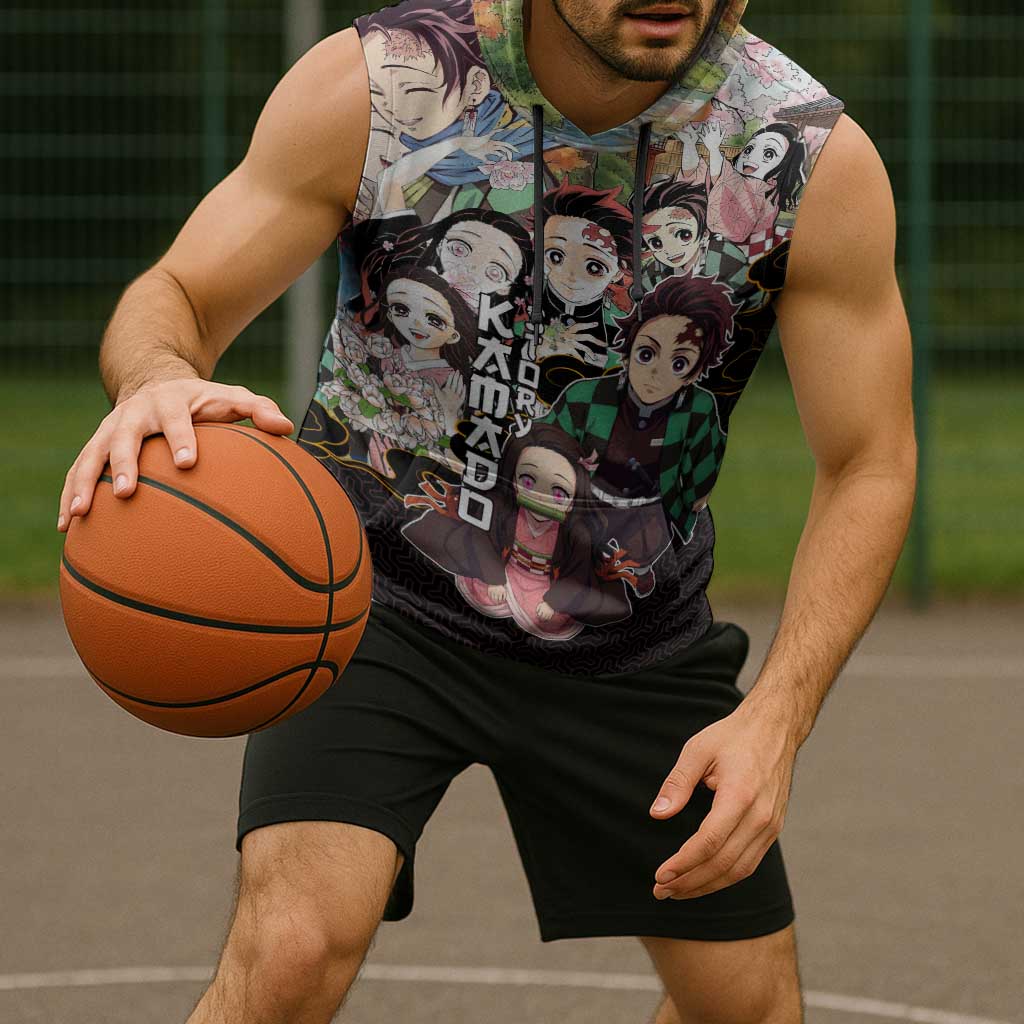 Kamado Siblings Demon Slayer Collage Design Sleeveless Hoodie with Tanjiro and Nezuko in Scenic Background - The Mazicc