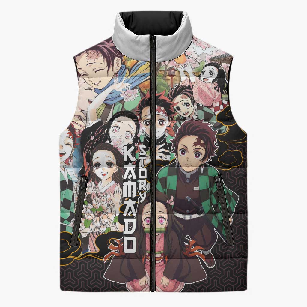 Kamado Siblings Demon Slayer Collage Design Sleeveless Puffer Jacket with Tanjiro and Nezuko in Scenic Background - The Mazicc
