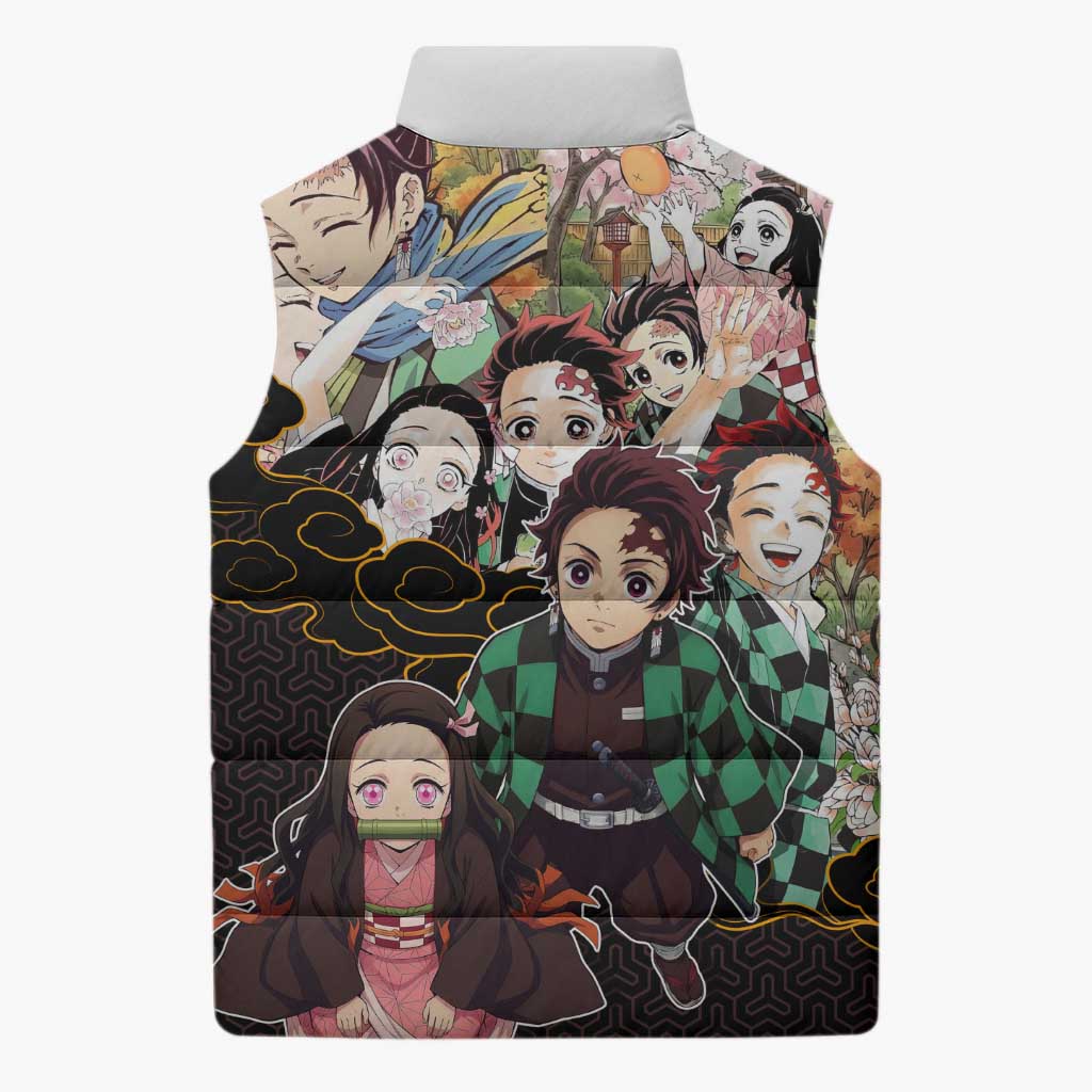 Kamado Siblings Demon Slayer Collage Design Sleeveless Puffer Jacket with Tanjiro and Nezuko in Scenic Background - The Mazicc