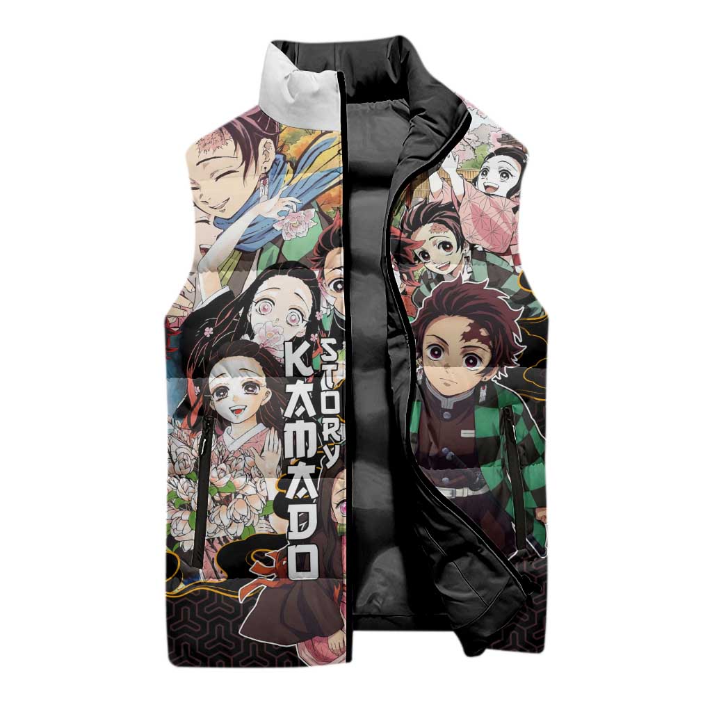 Kamado Siblings Demon Slayer Collage Design Sleeveless Puffer Jacket with Tanjiro and Nezuko in Scenic Background - The Mazicc