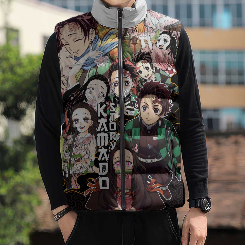 Kamado Siblings Demon Slayer Collage Design Sleeveless Puffer Jacket with Tanjiro and Nezuko in Scenic Background - The Mazicc