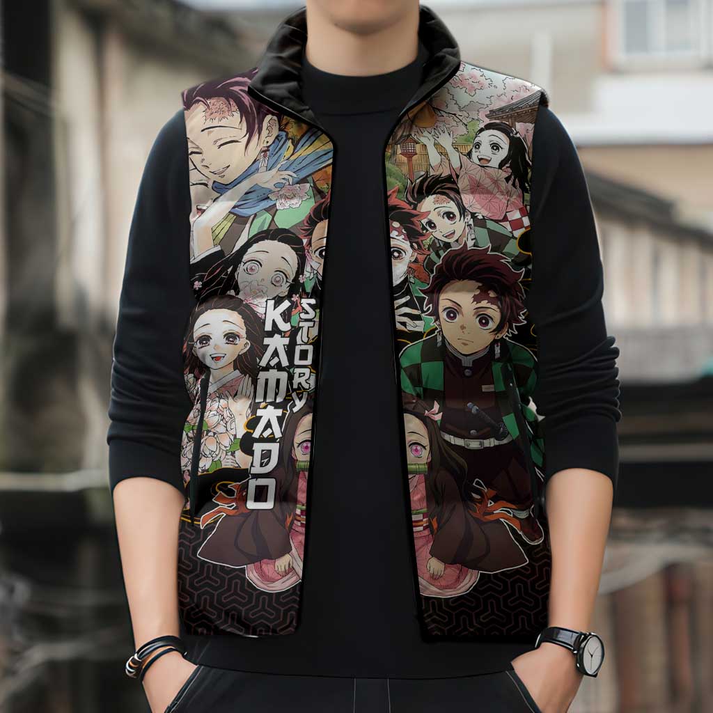 Kamado Siblings Demon Slayer Collage Design Sleeveless Puffer Jacket with Tanjiro and Nezuko in Scenic Background - The Mazicc
