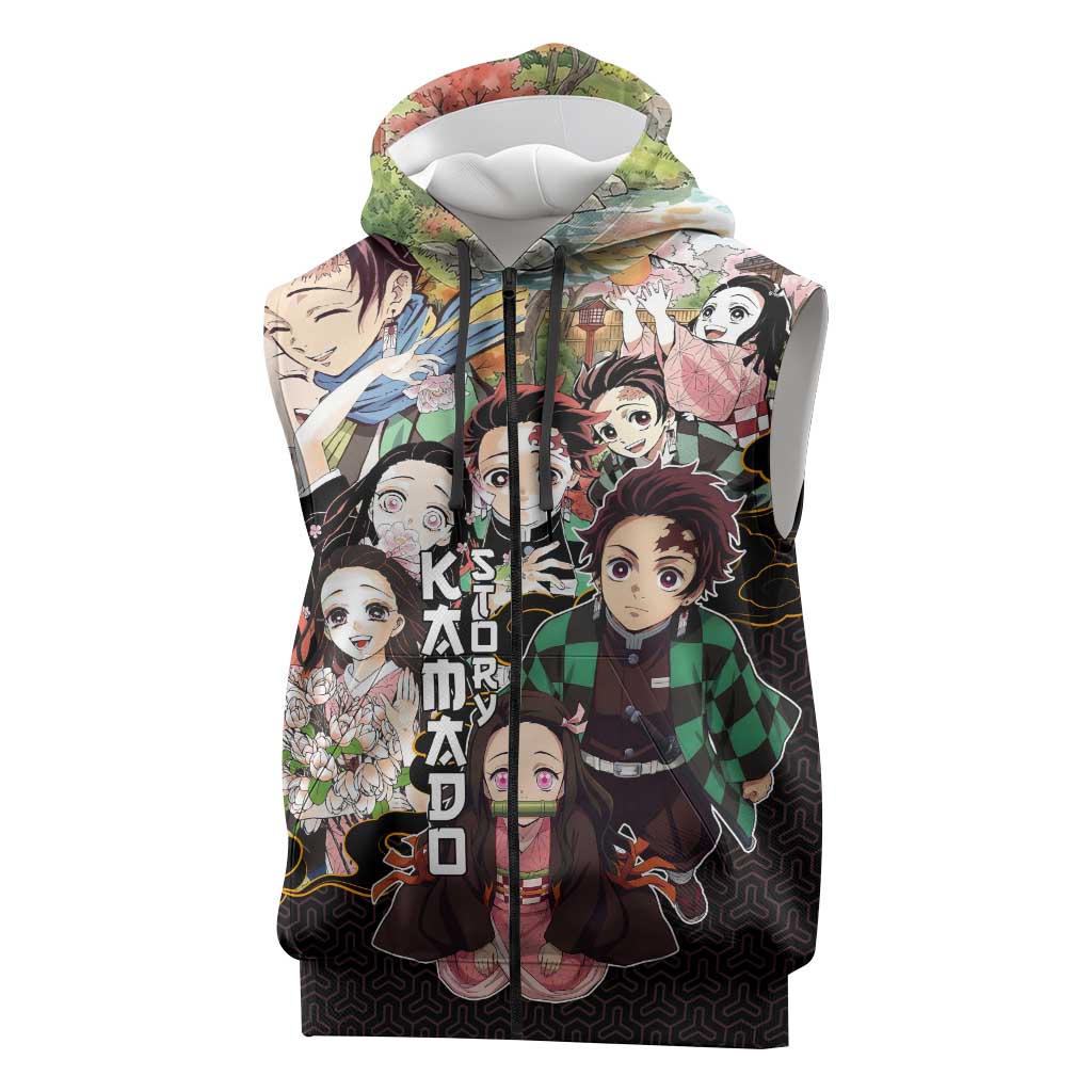 Kamado Siblings Demon Slayer Collage Design Sleeveless Zip Hoodie with Tanjiro and Nezuko in Scenic Background - The Mazicc