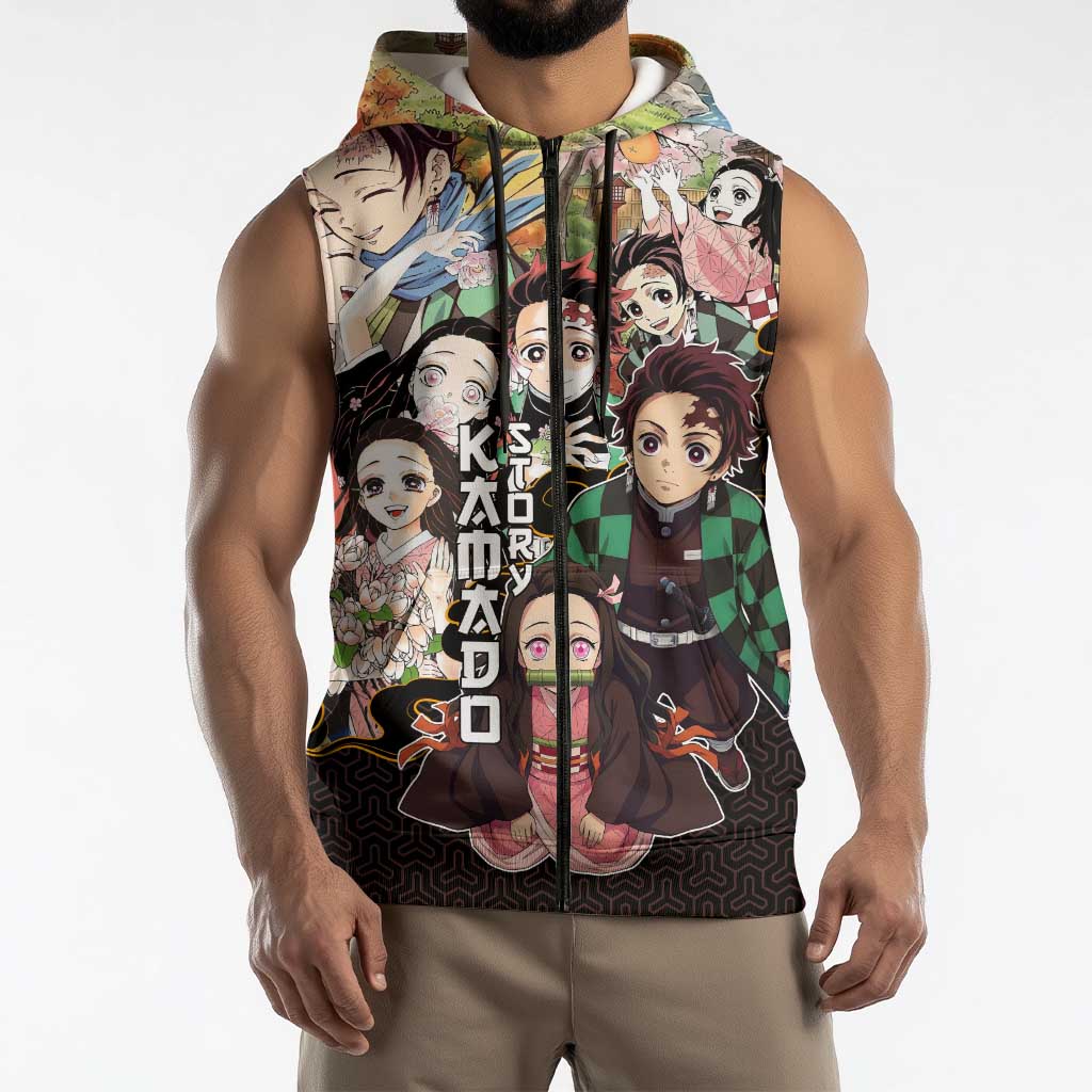 Kamado Siblings Demon Slayer Collage Design Sleeveless Zip Hoodie with Tanjiro and Nezuko in Scenic Background - The Mazicc
