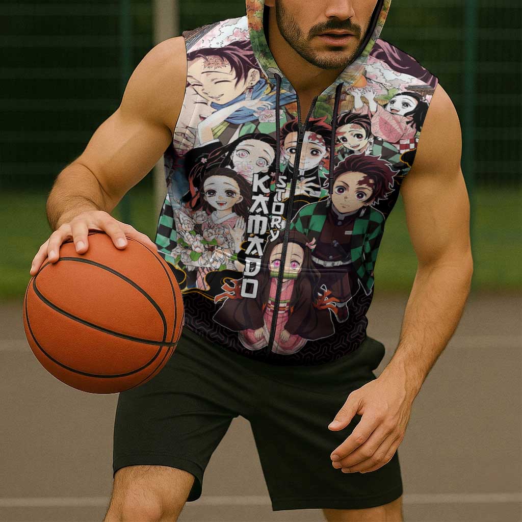 Kamado Siblings Demon Slayer Collage Design Sleeveless Zip Hoodie with Tanjiro and Nezuko in Scenic Background - The Mazicc