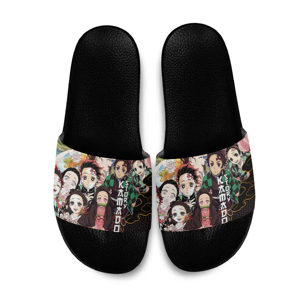 Kamado Siblings Demon Slayer Collage Design Slide Sandals with Tanjiro and Nezuko in Scenic Background - The Mazicc