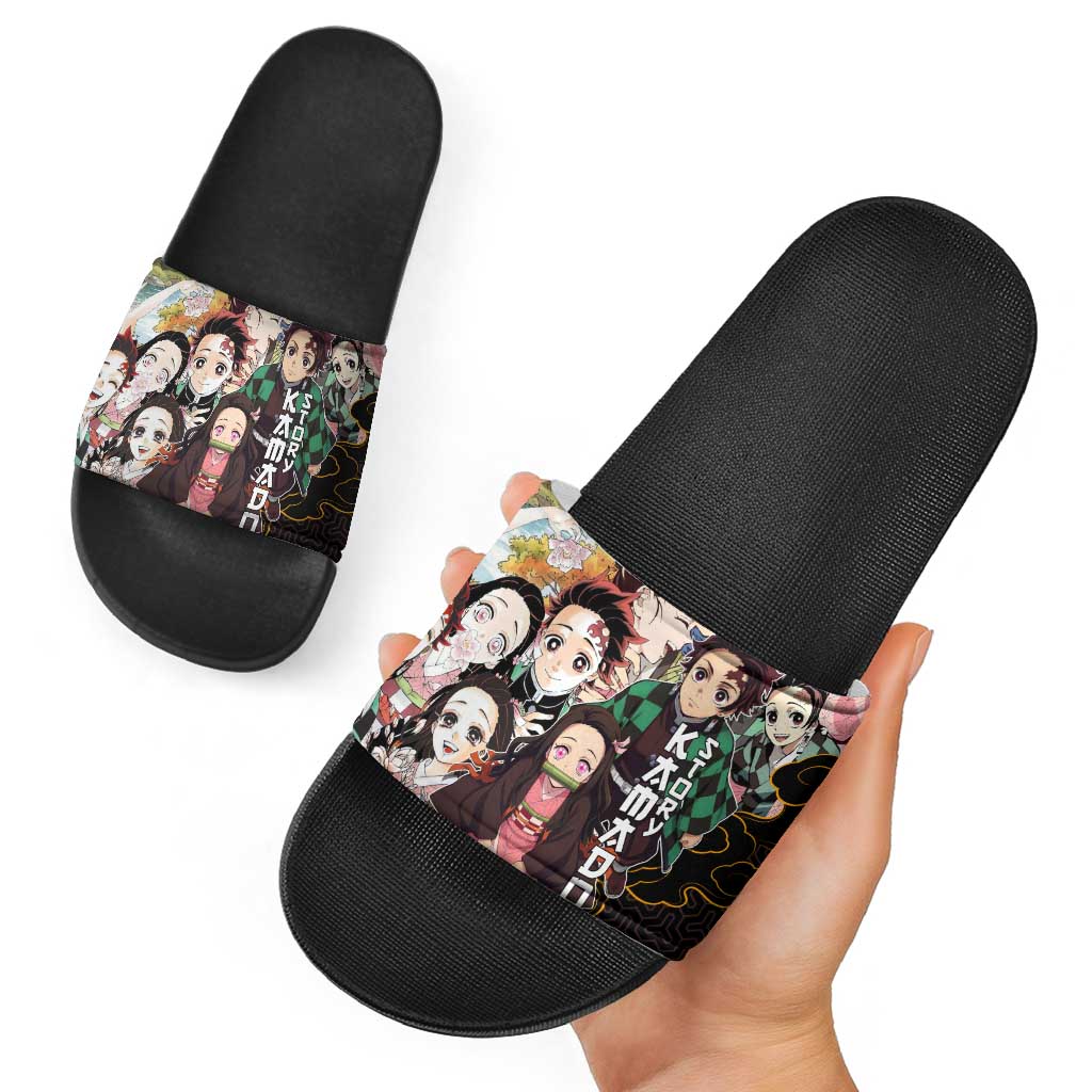 Kamado Siblings Demon Slayer Collage Design Slide Sandals with Tanjiro and Nezuko in Scenic Background - The Mazicc