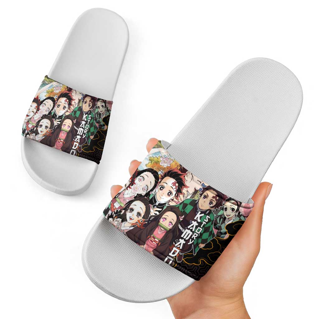 Kamado Siblings Demon Slayer Collage Design Slide Sandals with Tanjiro and Nezuko in Scenic Background - The Mazicc